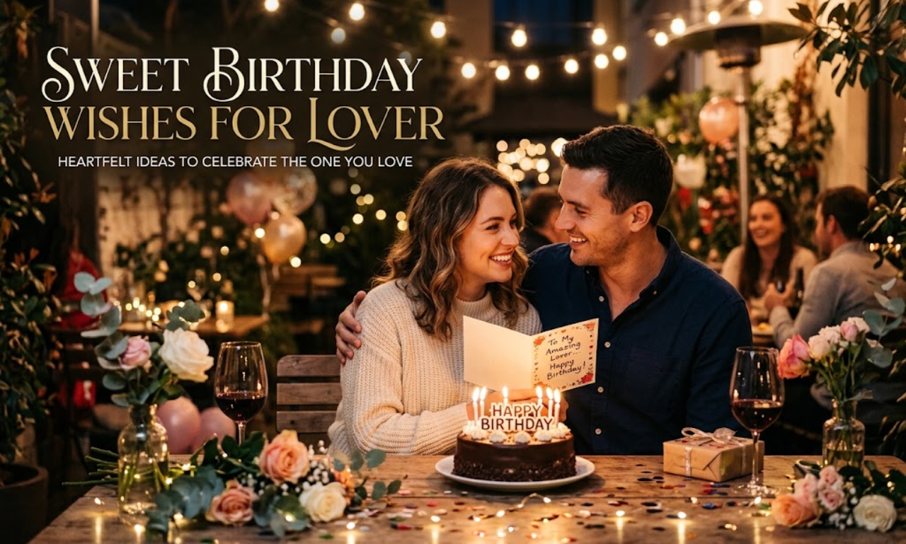 Sweet Birthday Wishes for Your Lover - Romantic couple celebrating a birthday dinner with cake and lights