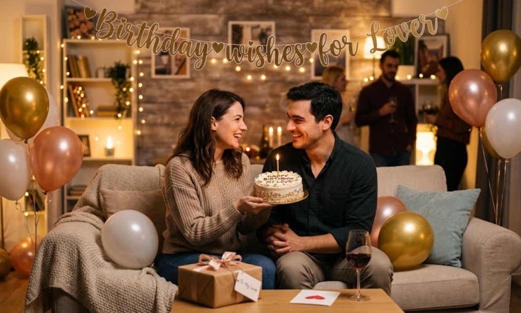A happy couple celebrating a birthday at home holding a birthday cake surrounded by gifts and warm lighting, featuring the text "Birthday Wishes for Lover".