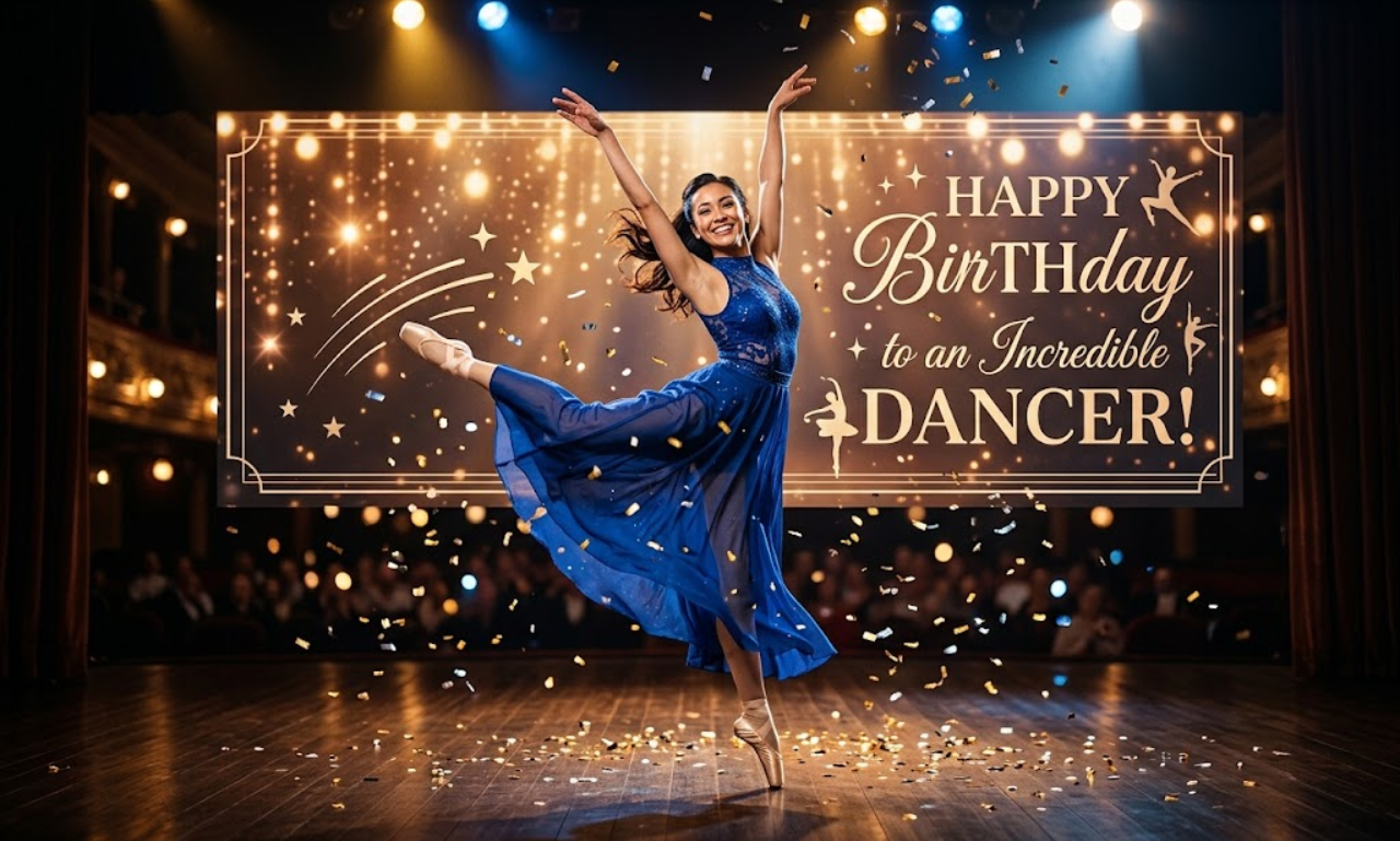 "A professional dancer performing in a flowing blue dress on a dimly lit stage, surrounded by falling golden confetti and glowing stage lights, with a background banner reading 'Happy Birthday to an Incredible Dancer!'"