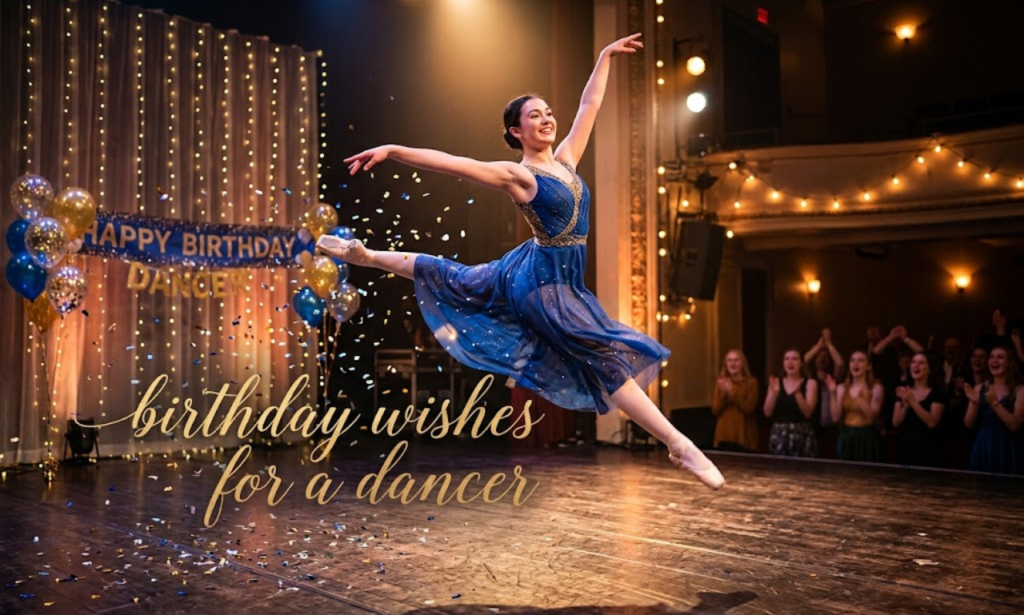 A female ballet dancer leaping mid-air on a decorated stage with confetti, balloons, and overlay text reading "birthday wishes for a dancer".