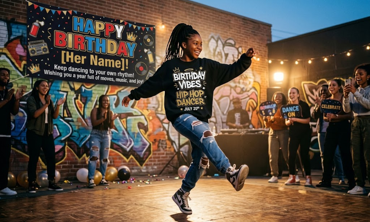 "Hip-hop dancer celebrating birthday with energetic dance moves in front of a birthday banner and urban graffiti wall."