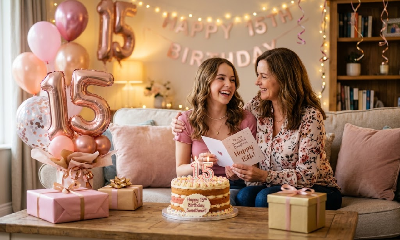 Mother presenting a birthday card to her 15-year-old daughter sitting next to a cake with 15th birthday balloons and decorations.