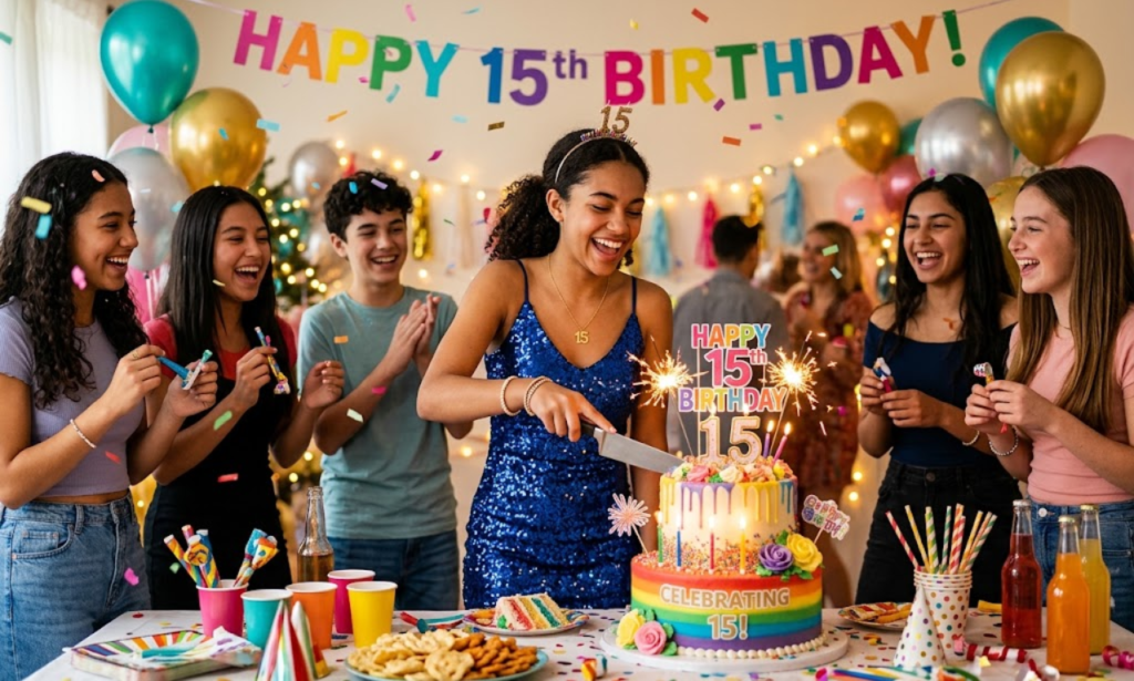 Teenage girl cutting a colorful cake at a happy 15th birthday party surrounded by celebrating friends, colorful balloons, and birthday decorations