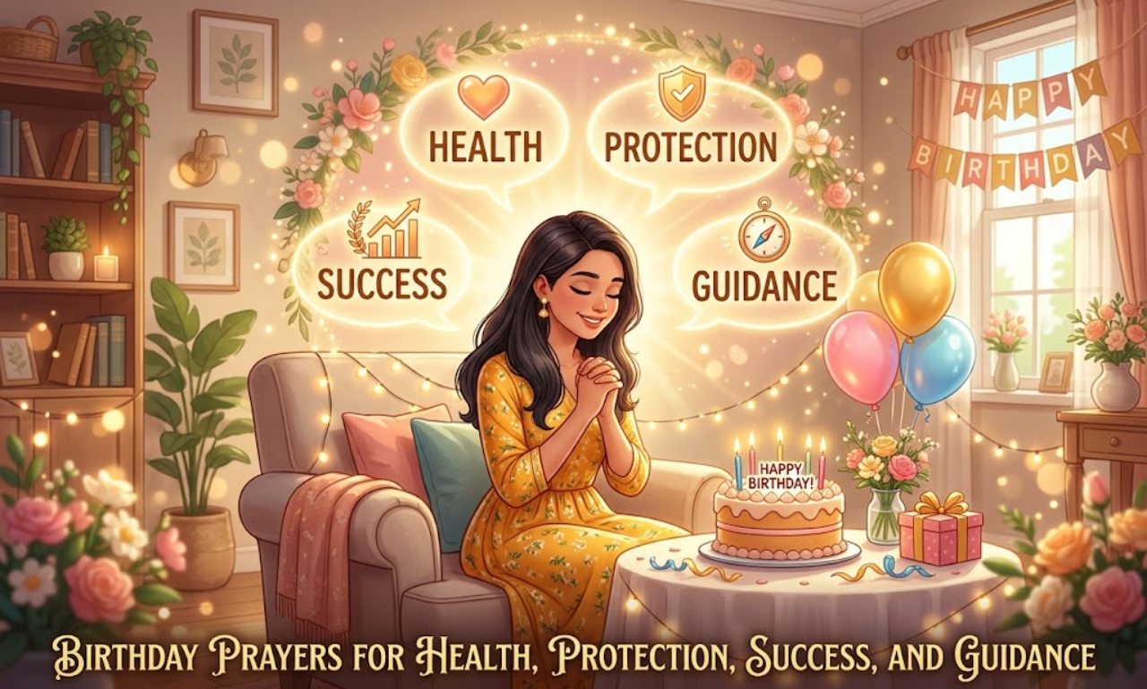 An illustration for a cousin's birthday showing a woman in prayer, with glowing words "Health," "Protection," "Success," and "Guidance" surrounding her.