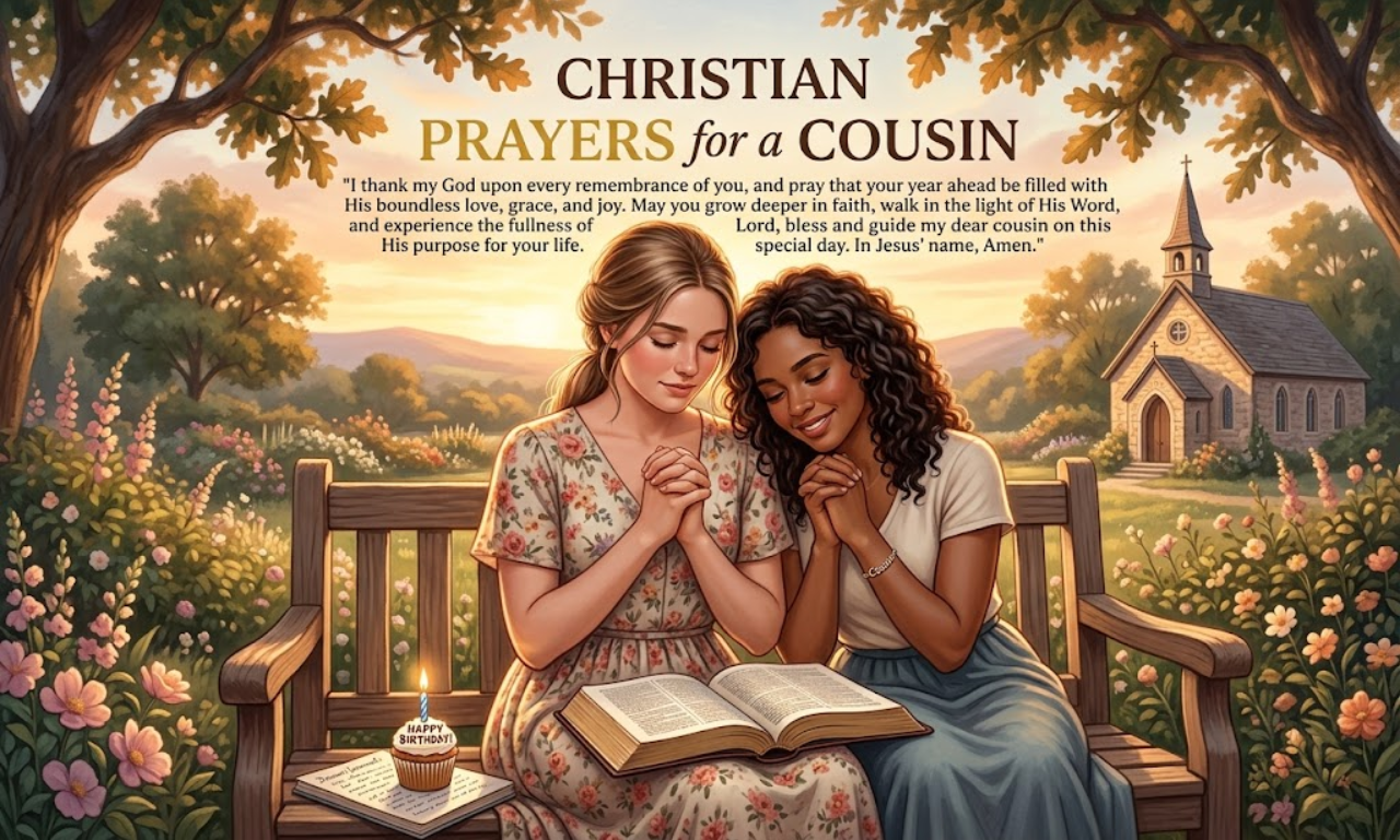 Christian birthday prayers for a cousin graphic showing family praying together over a Bible in a garden setting.