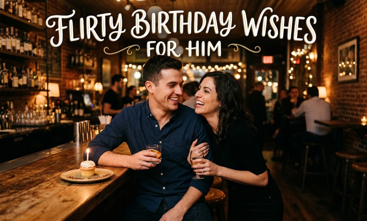 "A happy couple laughing together at a dimly lit cozy bar with the text 'Flirty Birthday Wishes For Him' written above them."