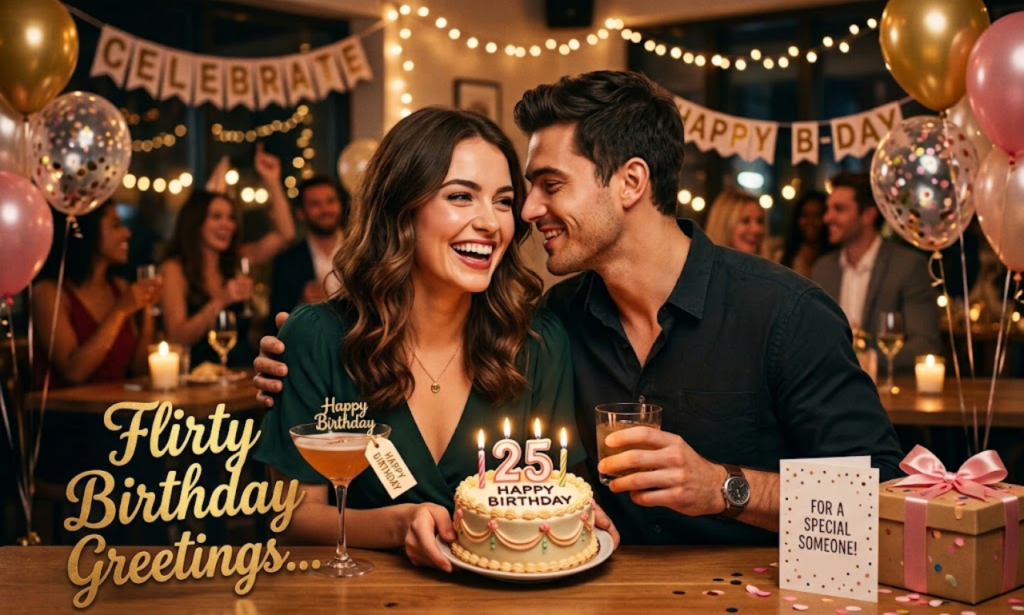 A romantic couple celebrating with a birthday cake and champagne next to bold text reading "Flirty Birthday Greetings..."