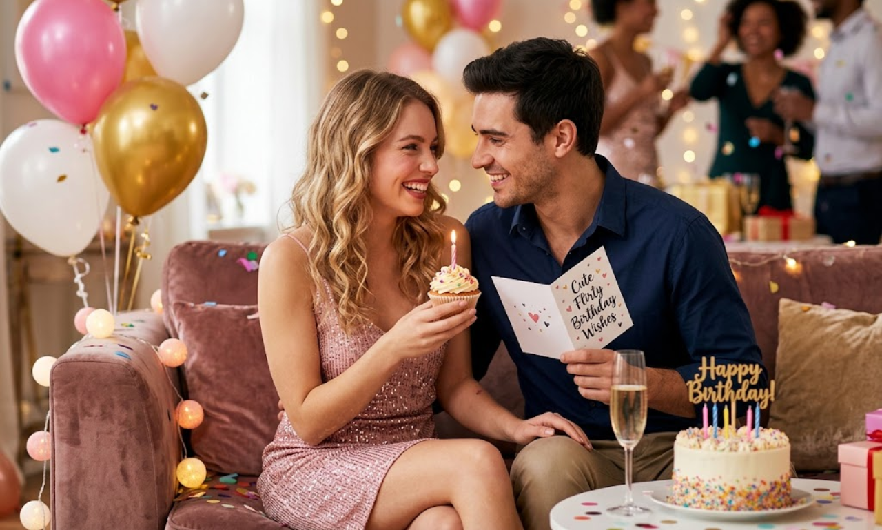 Smiling couple celebrating a birthday on a couch with balloons, a birthday cake, and a card reading "Cute Flirty Birthday Wishes"