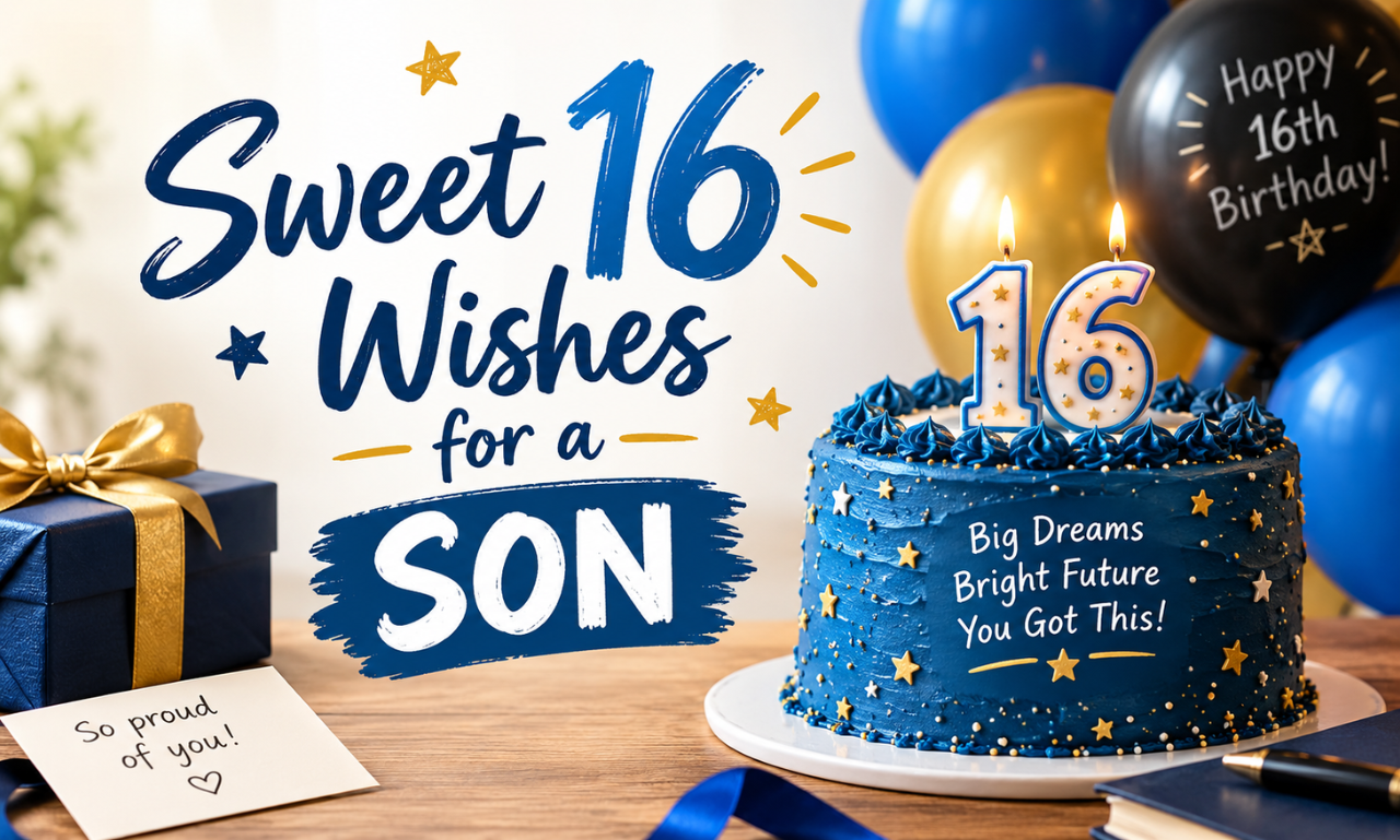 Sweet 16 birthday celebration for a son featuring a blue and gold 16th birthday cake, balloons, gift box, and the words “Sweet 16 Wishes for a Son.”