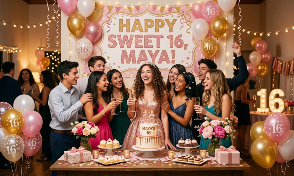Happy Sweet 16 birthday party celebration with teenager, friends, birthday cake, balloons, and festive decorations