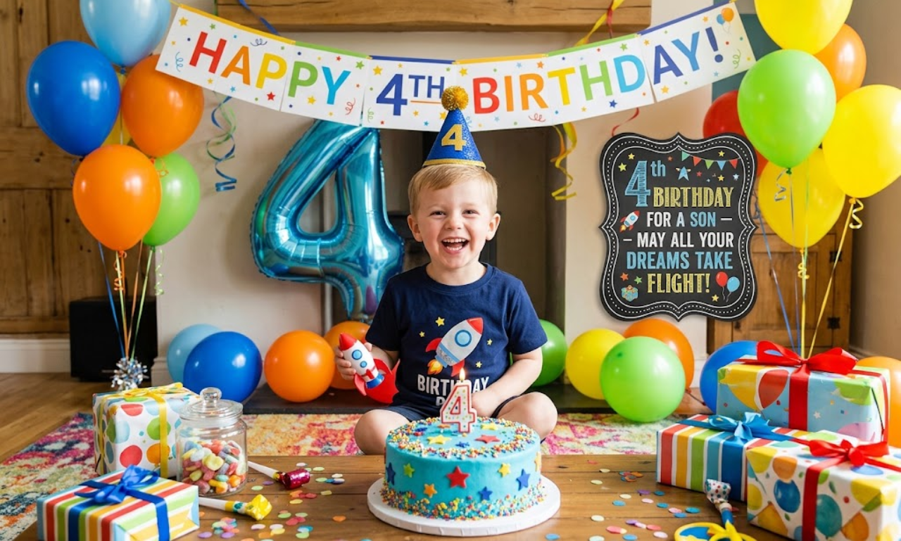 A happy 4-year-old boy sitting at a decorated birthday table with a cake, colorful balloons, wrapped presents, and a banner reading "Happy 4th Birthday."