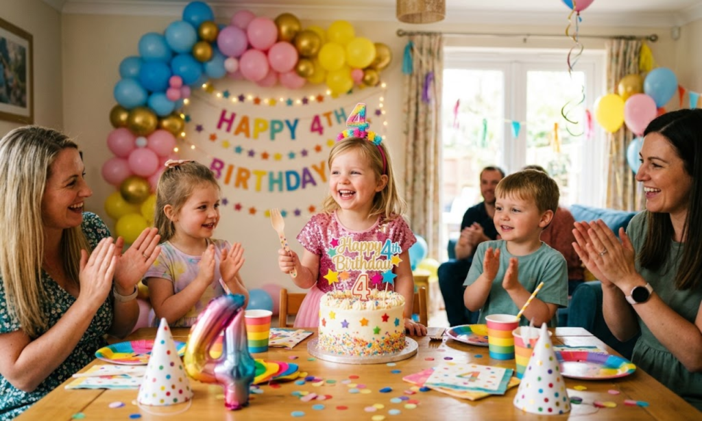 Happy 4th birthday celebration featuring a smiling child with family, colorful party decorations, balloon arch, and a sprinkle birthday cake.