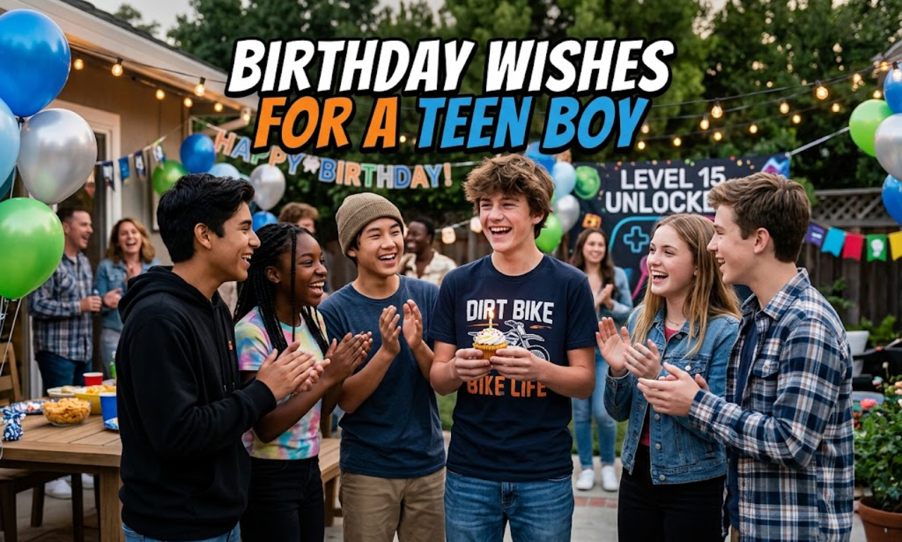  Teenagers celebrating a teenage boy's birthday at an outdoor backyard party, featuring the text "teenager birthday wishes."