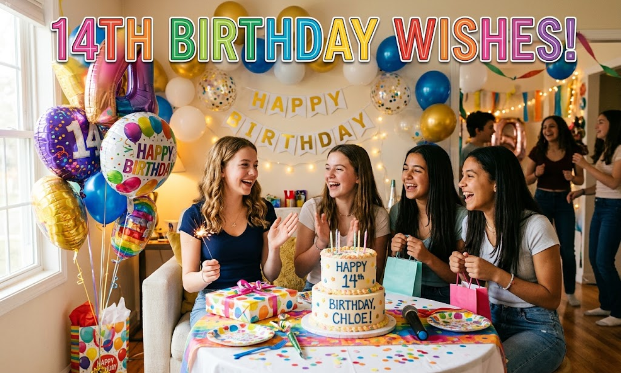 A group of teenage friends celebrating a 14th birthday party surrounded by balloons, presents, and a birthday cake, with text reading "14th Birthday Wishes!"