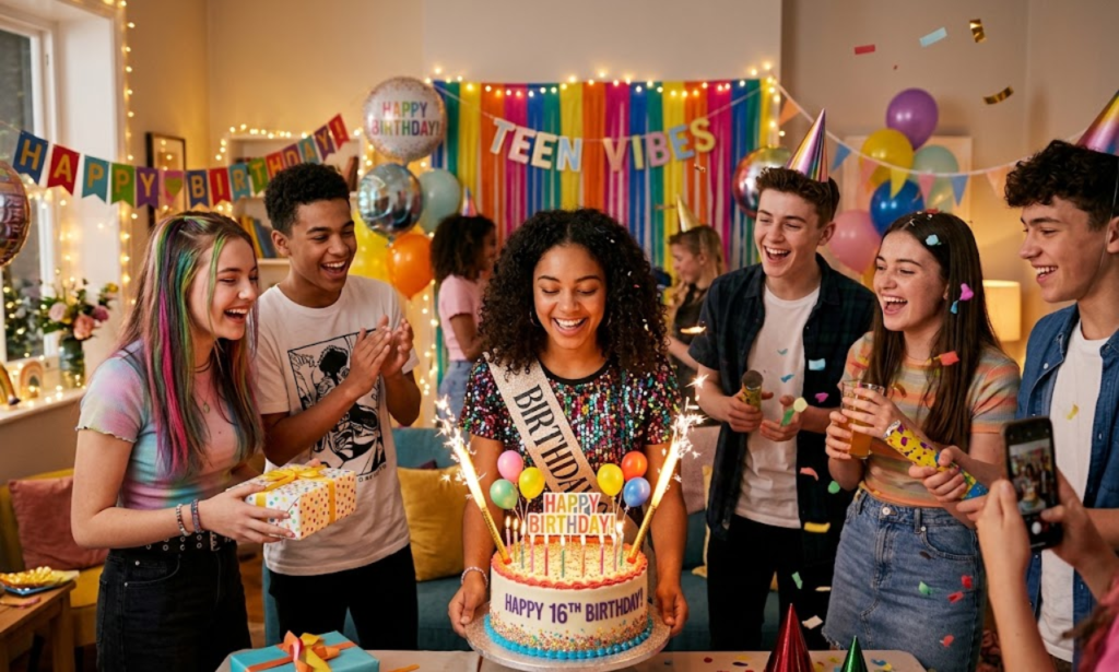 Teenager Birthday Wishes: Teenagers celebrating a birthday party with cake, sparklers, and gifts.