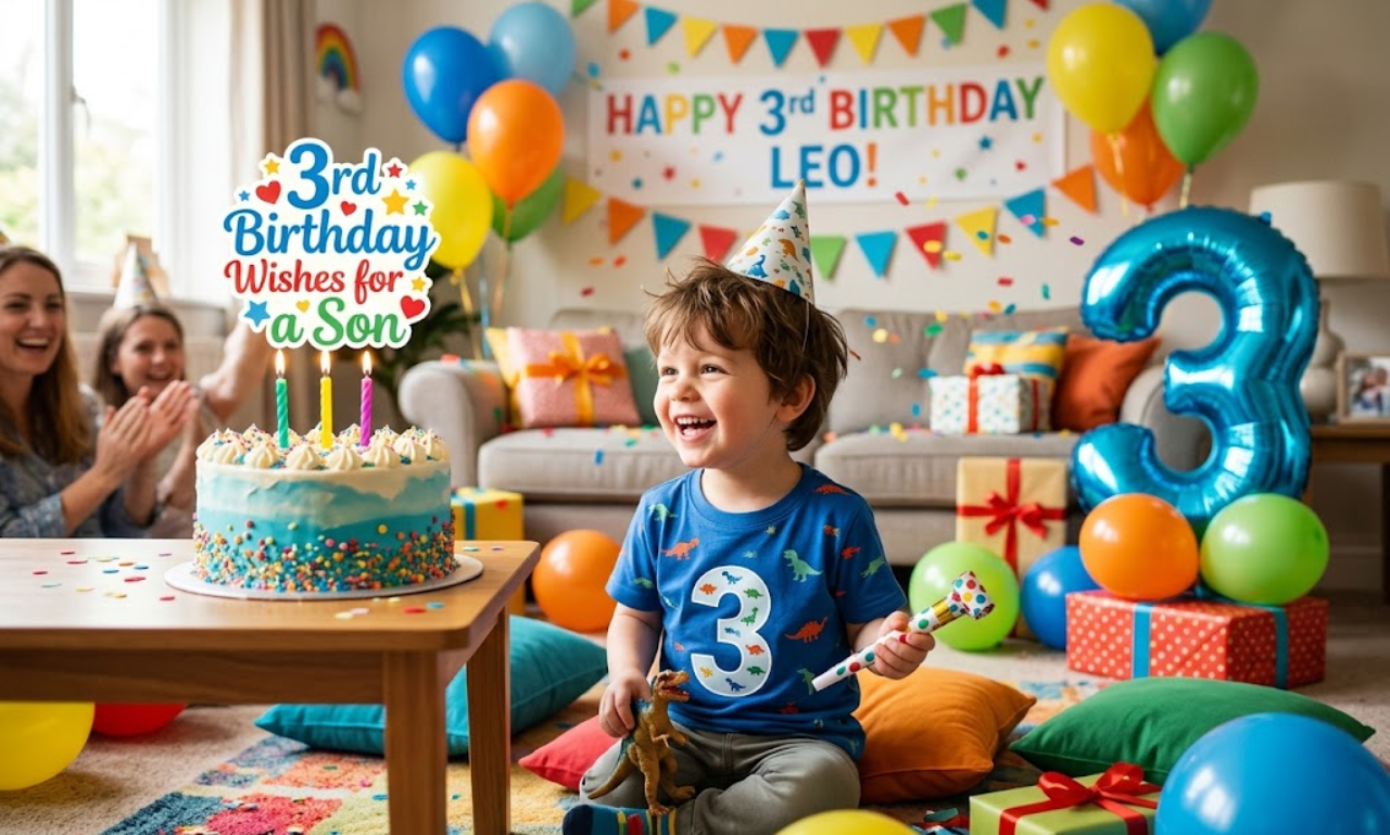 3rd Birthday Wishes for a Son featuring a happy toddler sitting near a birthday cake with 3 candles