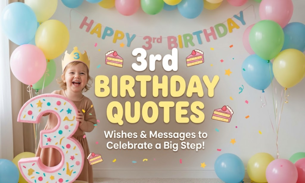 A festive 3rd birthday banner featuring colorful balloons, confetti, a toddler holding a giant number 3, and text reading "3rd Birthday Quotes: Wishes & Messages to Celebrate a Big Step!"