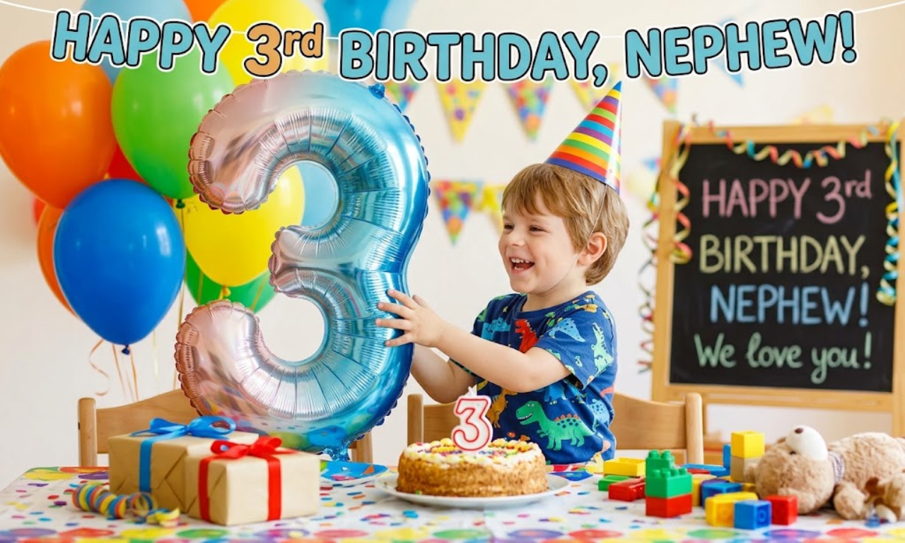 Happy 3rd birthday nephew celebration featuring a toddler boy holding a large number 3 foil balloon with birthday cake, presents, and festive decorations.