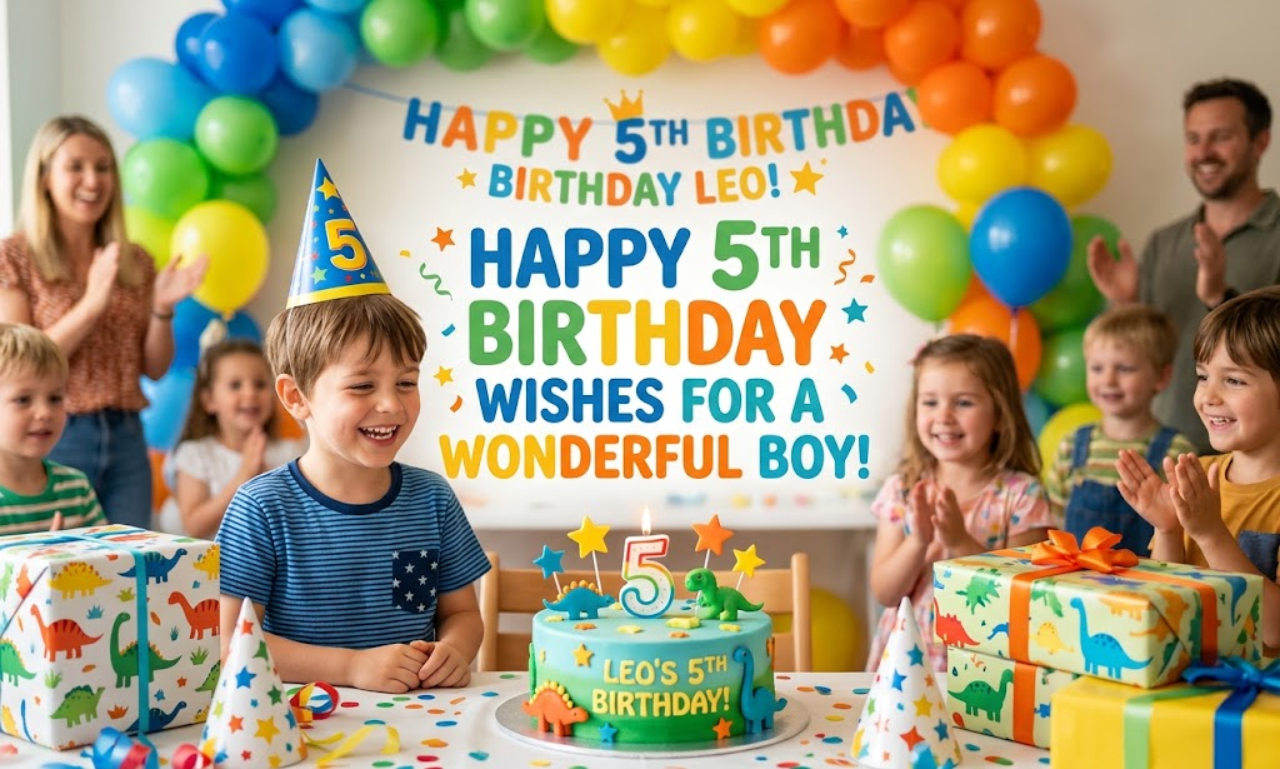 "5th birthday wishes for a boy featured on a festive banner behind a smiling 5-year-old with birthday cake and presents."