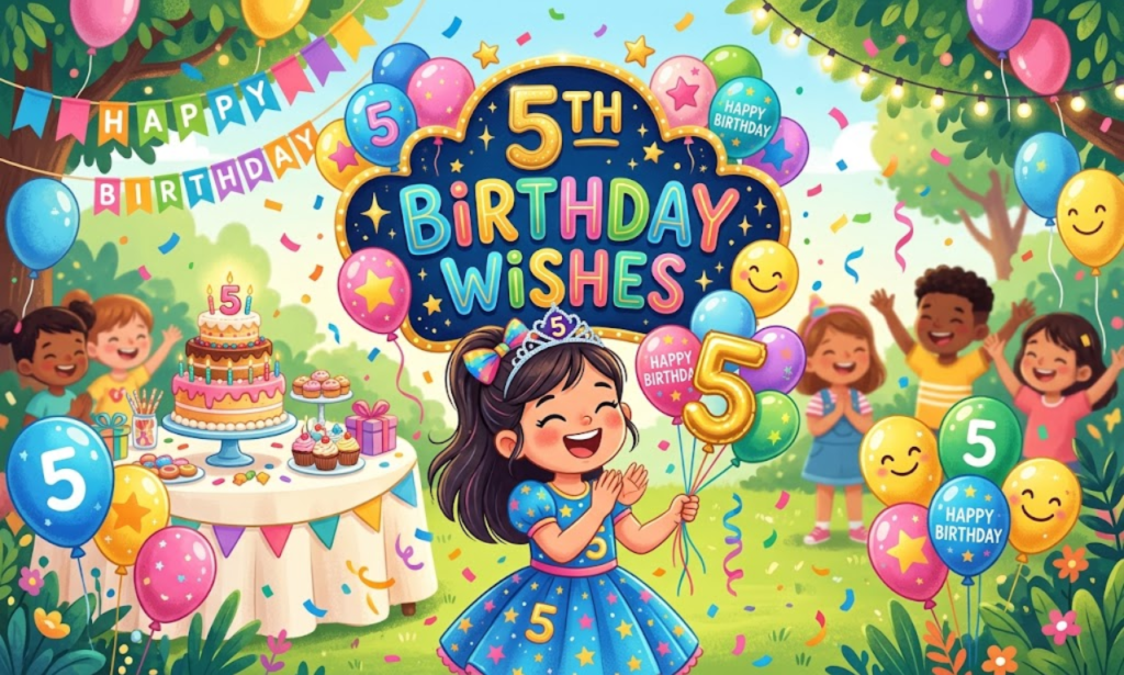 Happy 5th Birthday Wishes illustration with festive balloons, a multi-tiered cake, and cheerful kids at an outdoor party.