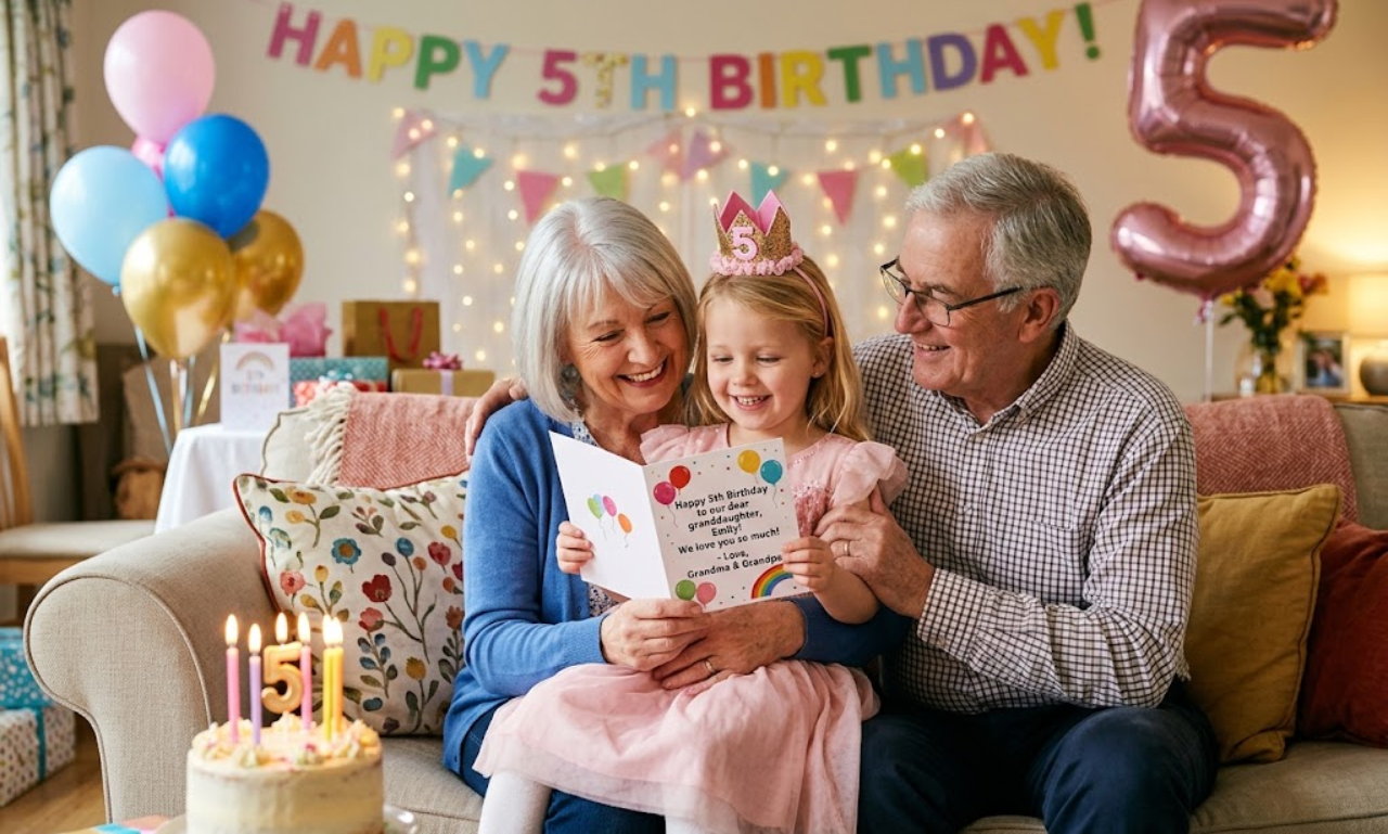 A happy 5-year-old child wearing a party crown sitting between her loving grandparents on a sofa, reading a birthday card together amidst colorful balloons, lights, and a birthday cake.