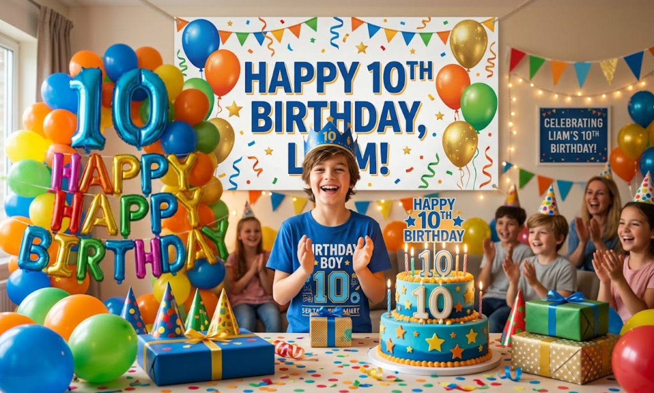 A happy 10-year-old boy celebrating his birthday at a colorful party surrounded by balloons, wrapped gifts, a birthday cake, and clapping guests.