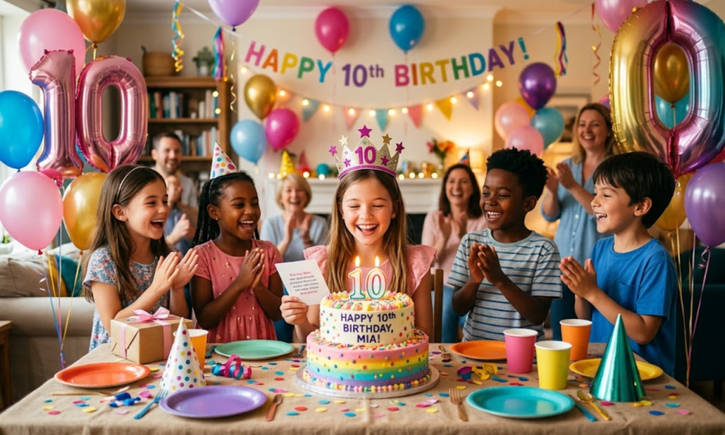 A group of diverse kids celebrating Birthday Wishes for 10th Birthday with balloons, party hats, and a festive rainbow cake.