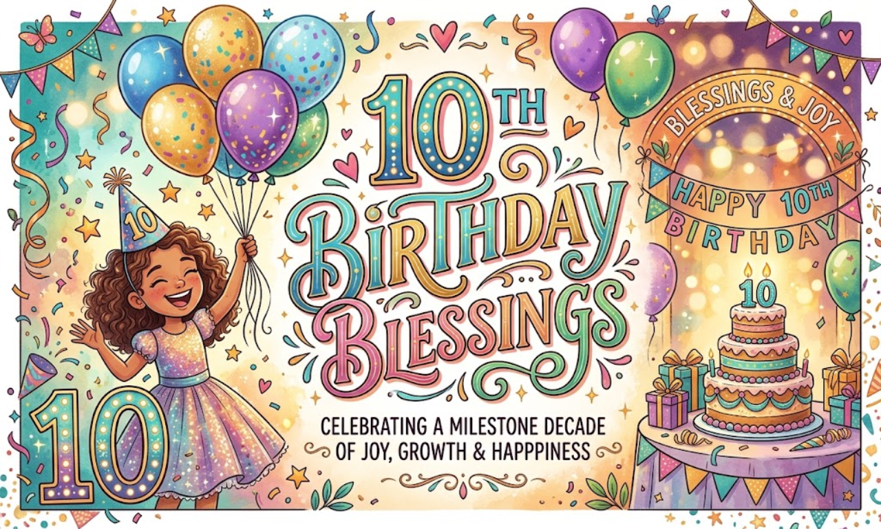 10th Birthday Blessings banner with festive decorations, balloons, cake, and birthday wishes for a 10-year-old.