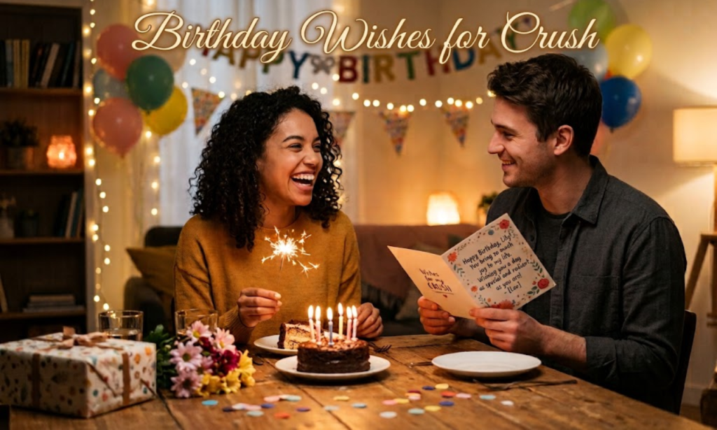 Young woman celebrating birthday with sparkler while man reads a card labeled Birthday Wishes for Crush